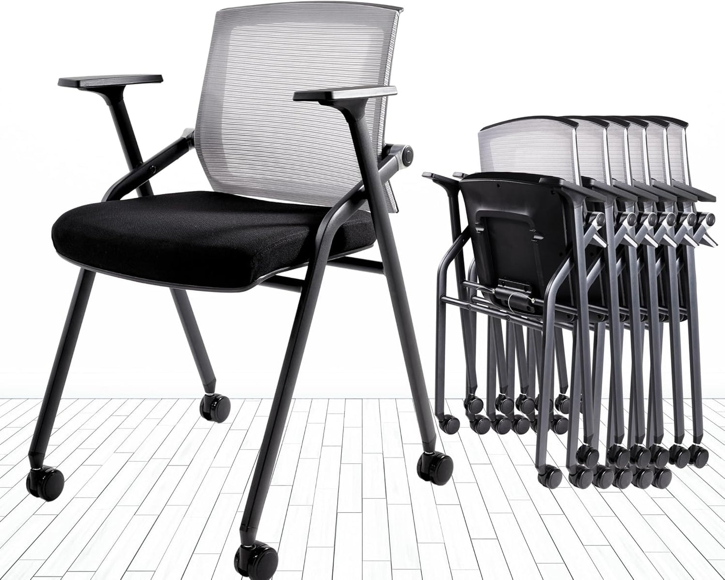 Conference Room Chairs, Folding Office Desk Chair with Lumbar Support and Sliding Armrest, Stackable Office Guest Chairs & Reception Chairs 20 Pack with Wheels