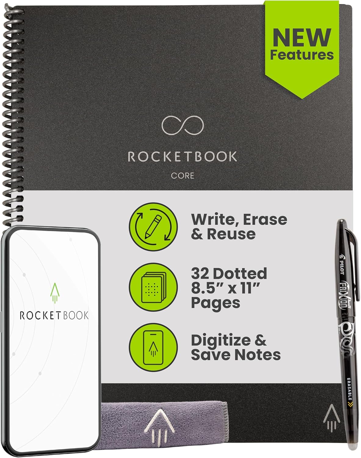 Rocketbook New Core Reusable Spiral Notebook, Letter Size 8.5x11, Black - Dotted Pages, App-Connected, Erasable, Durable Cover, Ideal for School, Work, and Creative Projects