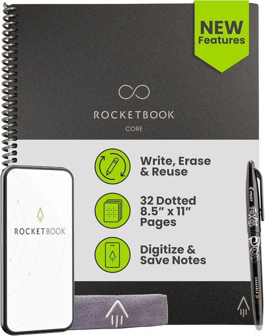 Rocketbook New Core Reusable Spiral Notebook, Letter Size 8.5x11, Black - Dotted Pages, App-Connected, Erasable, Durable Cover, Ideal for School, Work, and Creative Projects