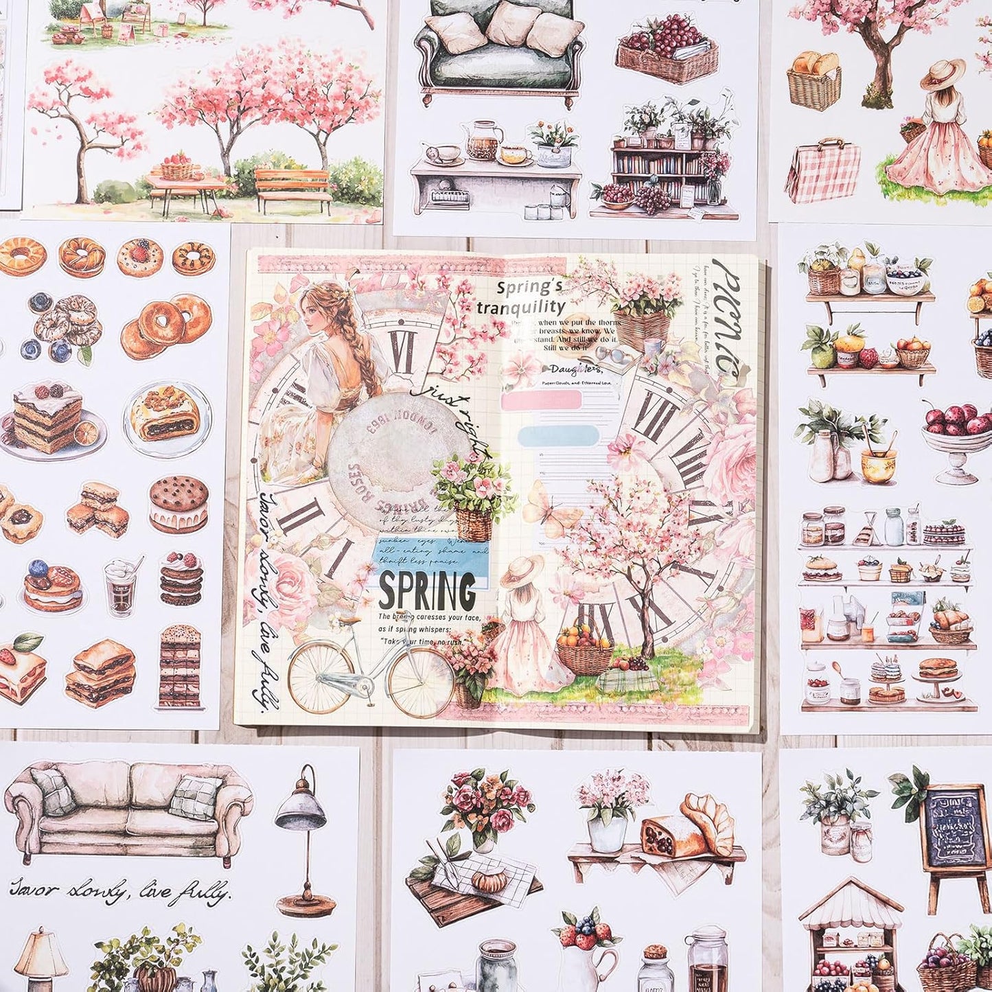 YagCu Scrapbook Sticker Book, Picnic Journaling Stickers, Junk Journal Supplies, Pre-Cut Aesthetic Scrapbooking for Adults, Decorative Ephemera Bullet Planner DIY Arts Craft Collage