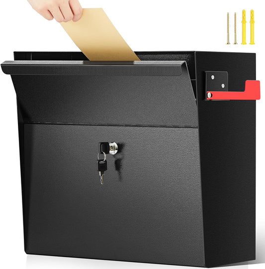 Extra Large Wall Mount Mailboxes for Outside 15.35 x 15 x 7 Inches Locking Security Mail Box Galvanized Steel Wall Mailbox Large Capacity Post Box with Key Lock and Reflective Stickers(Black)
