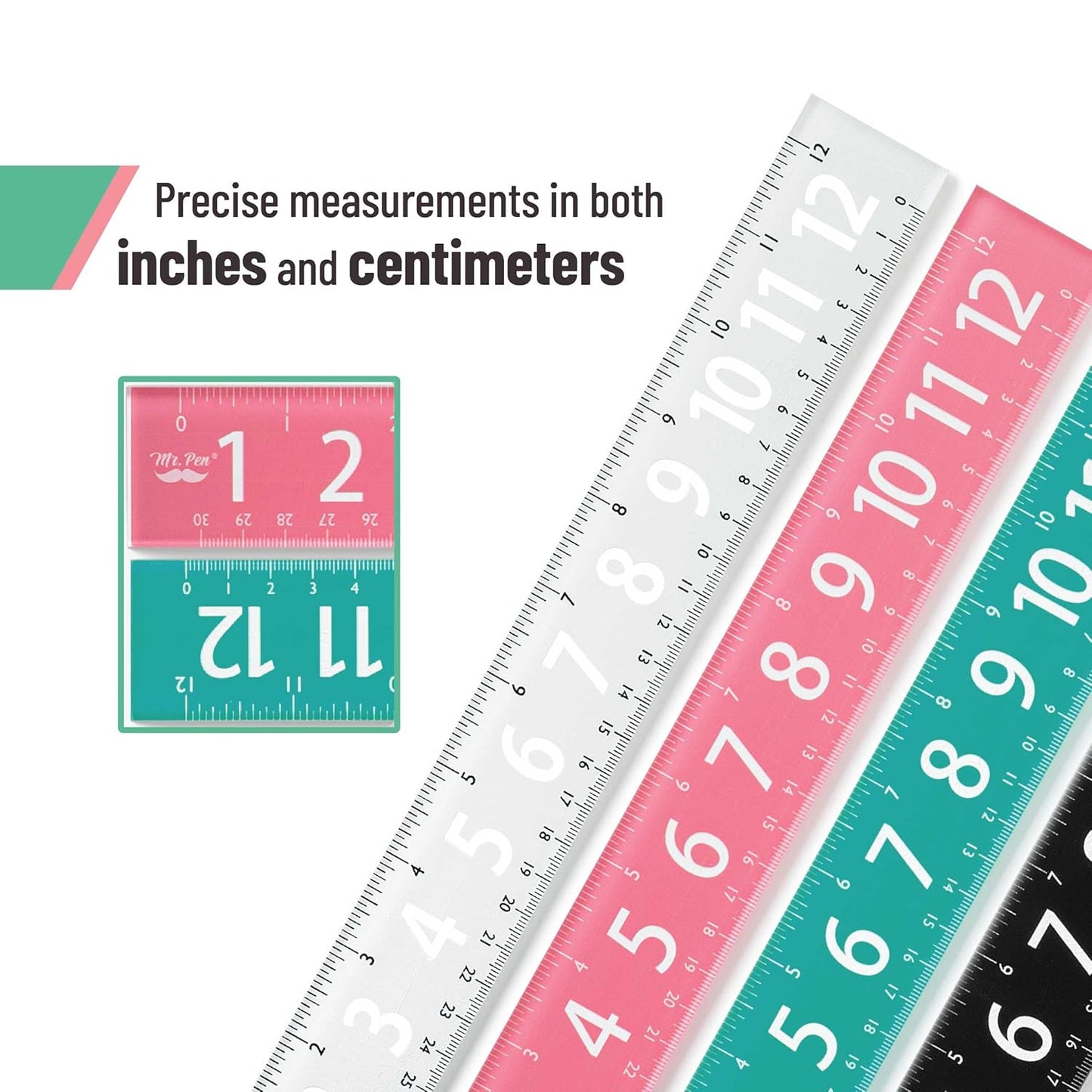 Mr. Pen- Plastic Rulers with Large Numbers, 12-Inch, 4 Pack, Metric & Imperial, Colorful Rulers for Kids, Ruler 12 Inch, Metric Ruler, mm Ruler, Rulers 12 Inch Ruler, Rulers for Kids