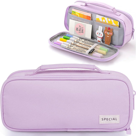 MAMUNU Pencil Case Large Capacity with 3 Compartments, Pencil Case Pouch Bag with Zipper Handle Portable Pen Stationery Organizer for Teen Girls Adults College School Office Travel, Purple