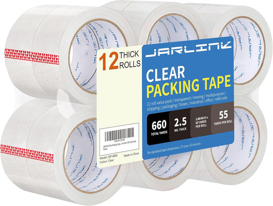 JARLINK Clear Packing Tape (12 Rolls), Heavy Duty Packaging Tape for Shipping Packaging Moving Sealing, 1.88 inches Wide, 55 Yards Per Roll, 660 Total Yards
