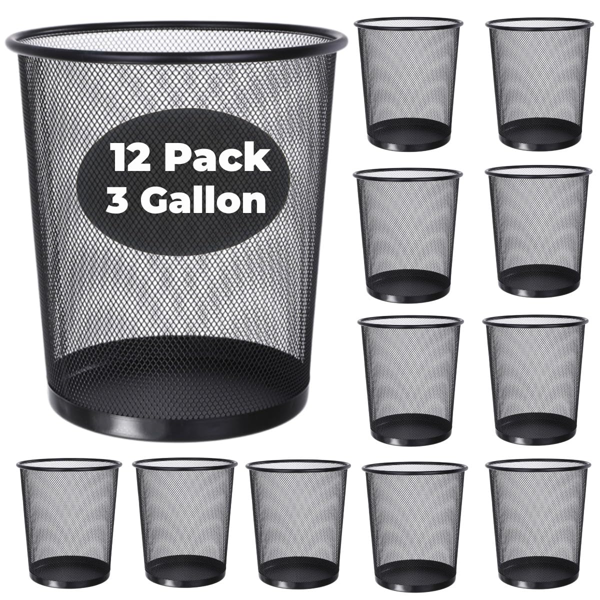 GOODSOFA 12 Pcs Mesh Trash Cans 3 Gallon Open Top Mesh Waste Wastebasket Lightweight Trash Bin Metal Basket Garbage Can for Kitchen Office Dorm Room Living Bedroom Under Desk Home Black