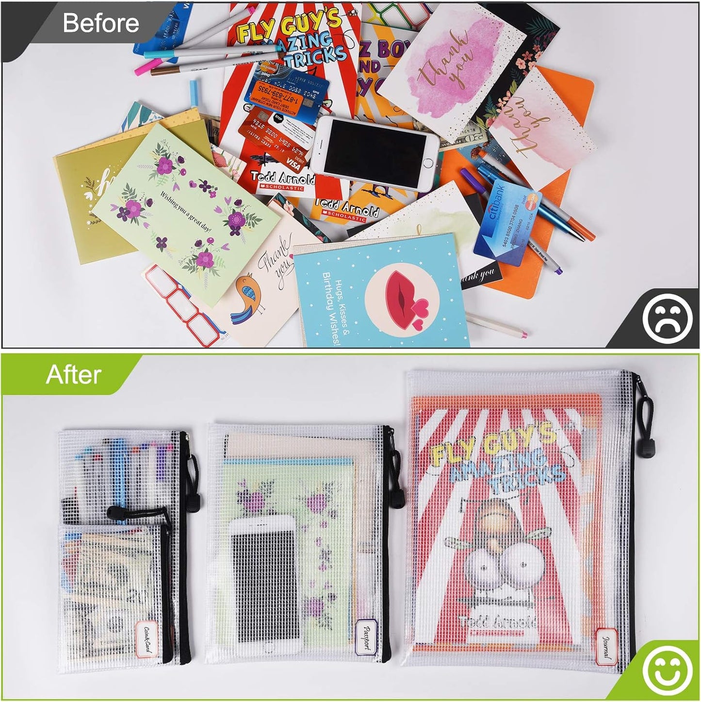 12 Pcs Plastic Mesh Zip File Bags, Waterproof Tear-Resistant Document File Folders, MultiSize Zipper Documents Pouch Organizer Bags for School Office Home Travel Storage(6 Sizes)