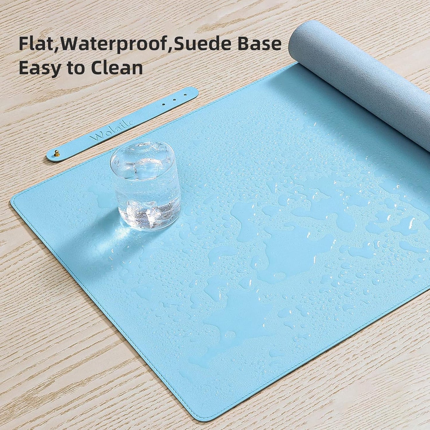 Faux Leather Desk Pad Blotter,Waterproof Non-Slip Writing Desk Mat for Kids,36x17 in Desktop Protector Large Mouse Pad,Light Blue Office Home Table Cover