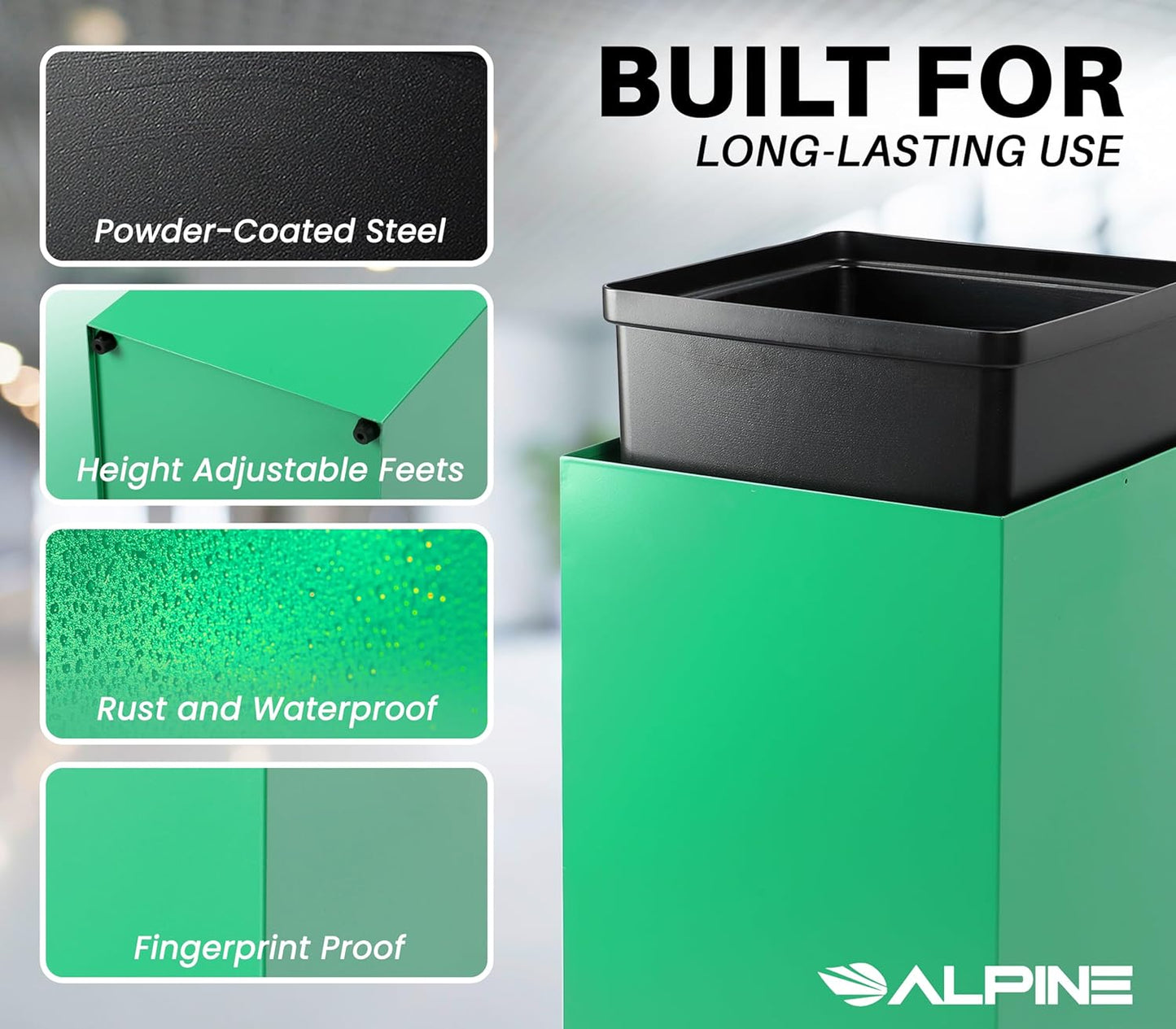 Alpine Commercial Indoor Recycle Bin - 29 Gallon Modern Looking Green Recycle Bin, Office Recycling Bins, Metal Trash and Recycling Container with Stickers & 3 Optional Lids (lid Sold Separately)