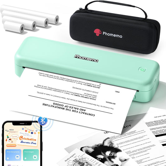 Phomemo Portable Printers Wireless for Travel,M834 Bluetooth Thermal Printer 8.5" x 11"& A4 Size,Inkless Mobile Printer with Carry Case for Travel,Office,School,Car,Home,Green
