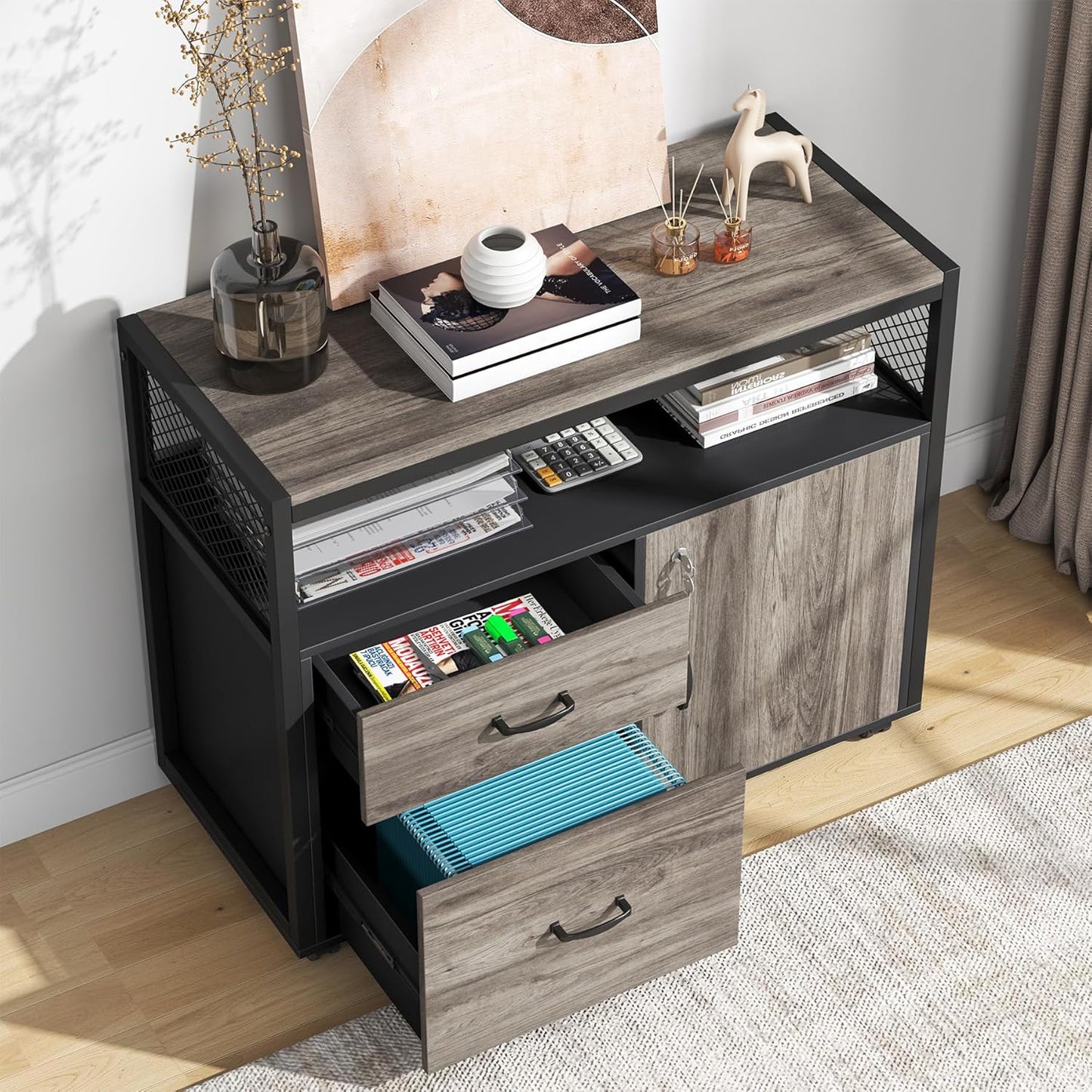 Tribesigns Modern File Cabinet with Drawers for Letter-Sized File and Door, Lockable lateral Filing Cabinet Printer Stand with Storage Shelves and with Rolling Caster for Home Office (Gray)