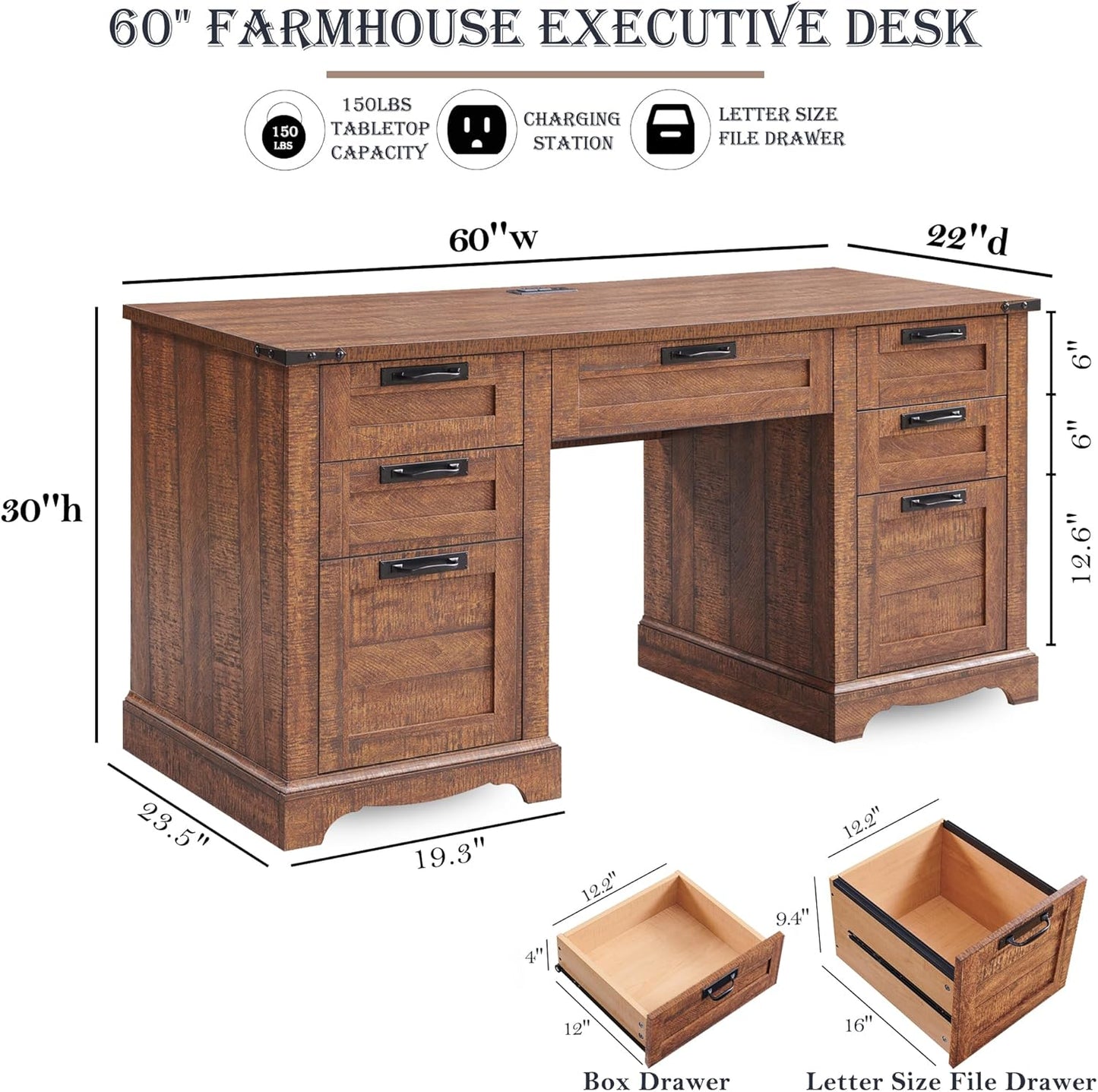 RedLemon 60" Farmhouse Executive Desk with Drawers, Wood Home Office Desk w/Charging Station, Keyboard Tray, File Drawer, Storage Cabinet, Rustic Computer Writing Desk (Reclaimed Barnwood)