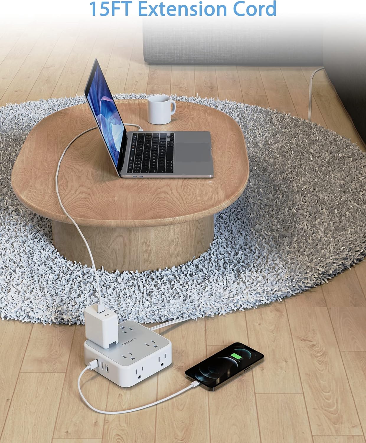 Surge Protector Power Strip 15 Ft Cord, TESSAN 8 Widely Spaced Outlets, 3 USB Charger(1 USB C Port), Ultra Thin Flat Plug Extension Cord 15 Feet, 900J Surge Protection for Home, Dorm Room Essentials