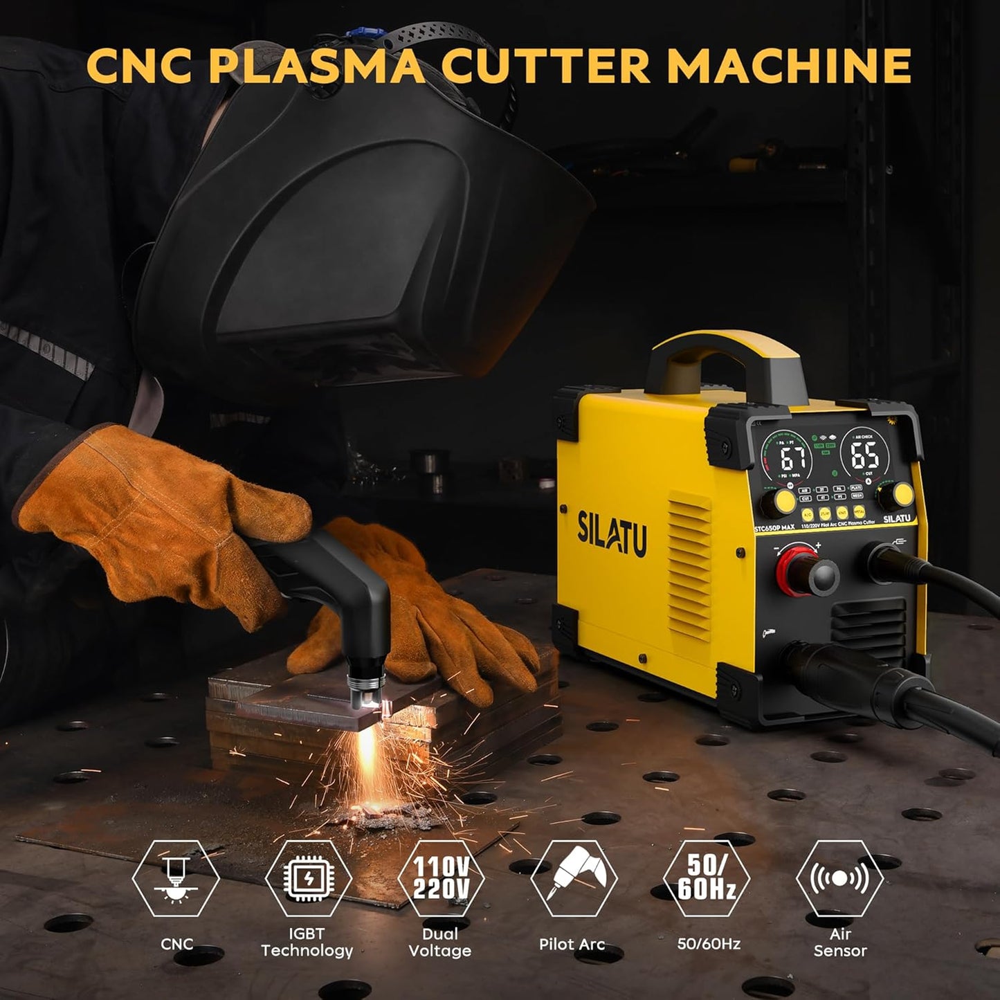 SILATU CNC Plasma Cutter Machine, 65Amp Blow Back Pilot Arc Air Sensor Technology, Large Screen Display, 110V/220V Dual Voltage Non-Touch CNC Plasma Cutting Machine, 16mm Clean Cutting Thickness