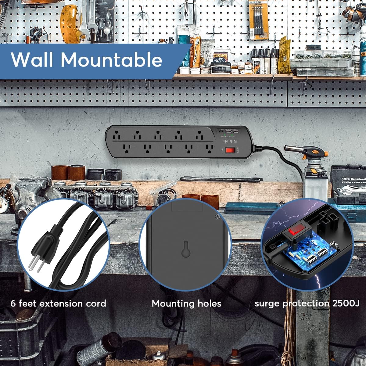 Extension Cord with Multiple Outlets, Surge Protector Power Strip with USB, 6ft Power Cord, 10 Wide Outlets, 2 USB+1 USB C Fast Charging Ports, Wall Mount, Heavy Duty, Home, Office Accessories