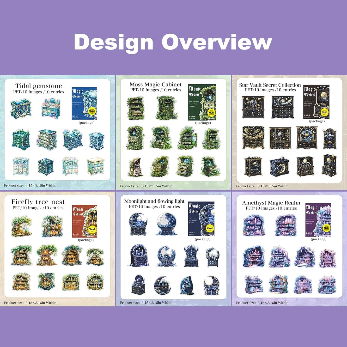 Magic Cabinet PET Stickers Set, 60PCS Fantasy Journal Stickers for Scrapbooking DIY Crafts Planner