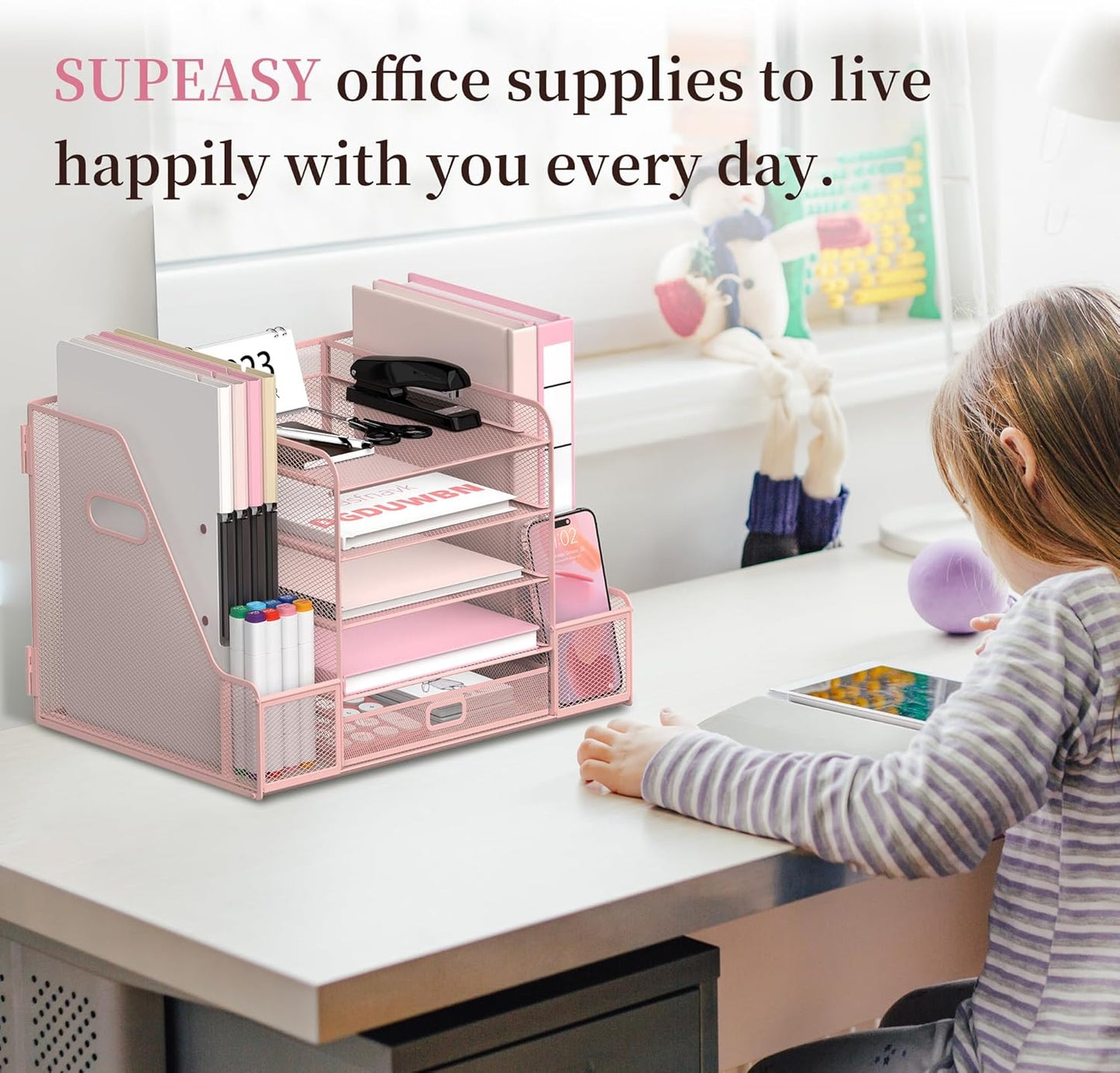 SUPEASY Mesh Desk Organizer with File Holder, 5-Tier Paper Letter Tray Organizer with Magazine Holder, Desktop Organizer and Storage with Drawer for Office Supplies Home or School, Pink