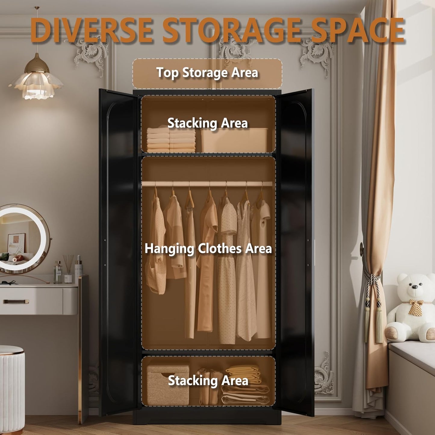 Metal Armoire Wardrobe Closet with Hanging Rod, 71" Tall Wardrobe Cabinet for Clothes, Black Clothing Storage Cabinet with Doors and Shelves, Large Wardrobes for Bedroom-Assemble Required