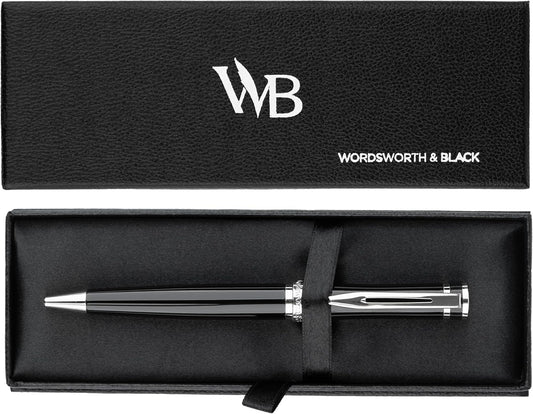 Wordsworth and Black Ballpoint Pen Black Lacquer- Stunning Luxury Pen Chrome Finish, Ink Refill, Best Gift Set for Men & Women, Refillable, Elegant, Nice Pens, Fine Point