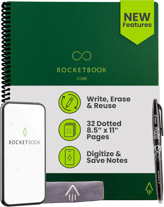 Rocketbook New Core Reusable Spiral Notebook, Letter Size 8.5x11, Green - Dotted Pages, App-Connected, Erasable, Durable Cover, Ideal for School, Work, and Creative Projects