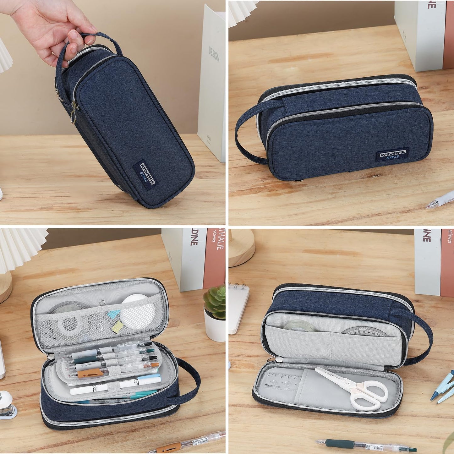 Pencil Case Large Zipper Pencil Pouch for Girls Kids Teens Adults Aesthetic Pencil Bag Stationery Organizer Pencil Case with Handle for School Blue