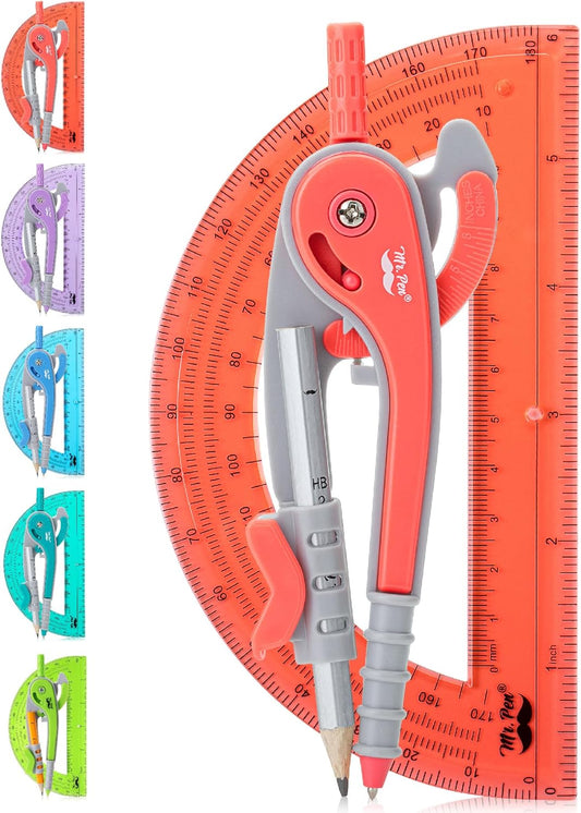 Mr. Pen- Compass and Protractor Set, Red, Compass Geometry Tool, Protractor and Compass Set, Compass Drawing Tool, Drawing Compass, Protractor Set, Geometry Compass, Math Compass for Geometry