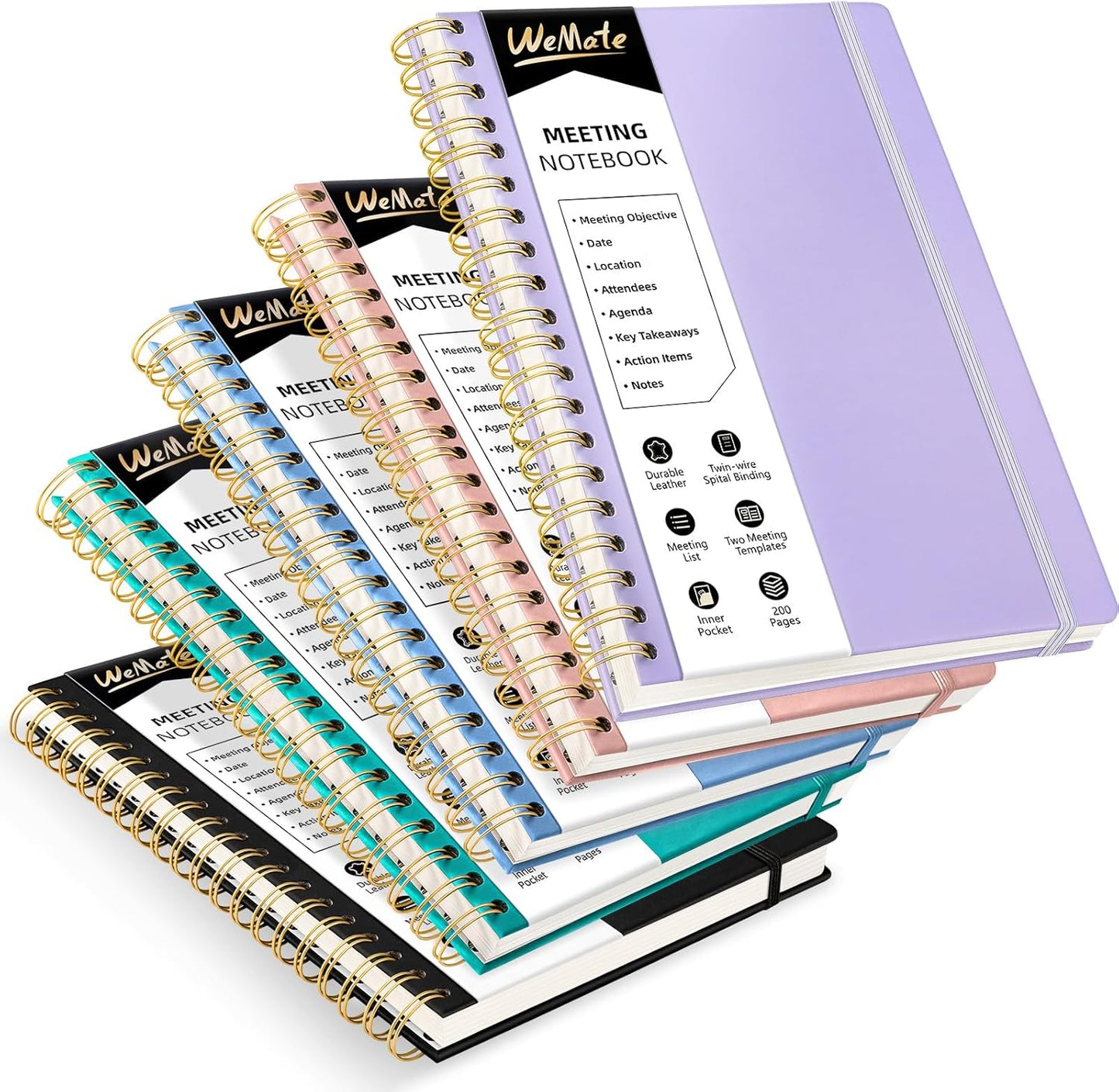 WEMATE 5 Pack Meeting Notebooks for Work（7"x10"） 200 Pages, PU Leather Notebook with Action Items & Note, For Staff & Students, Meeting, Projects Planning- Light Purple, Blue, Rose Gold, Green, Black