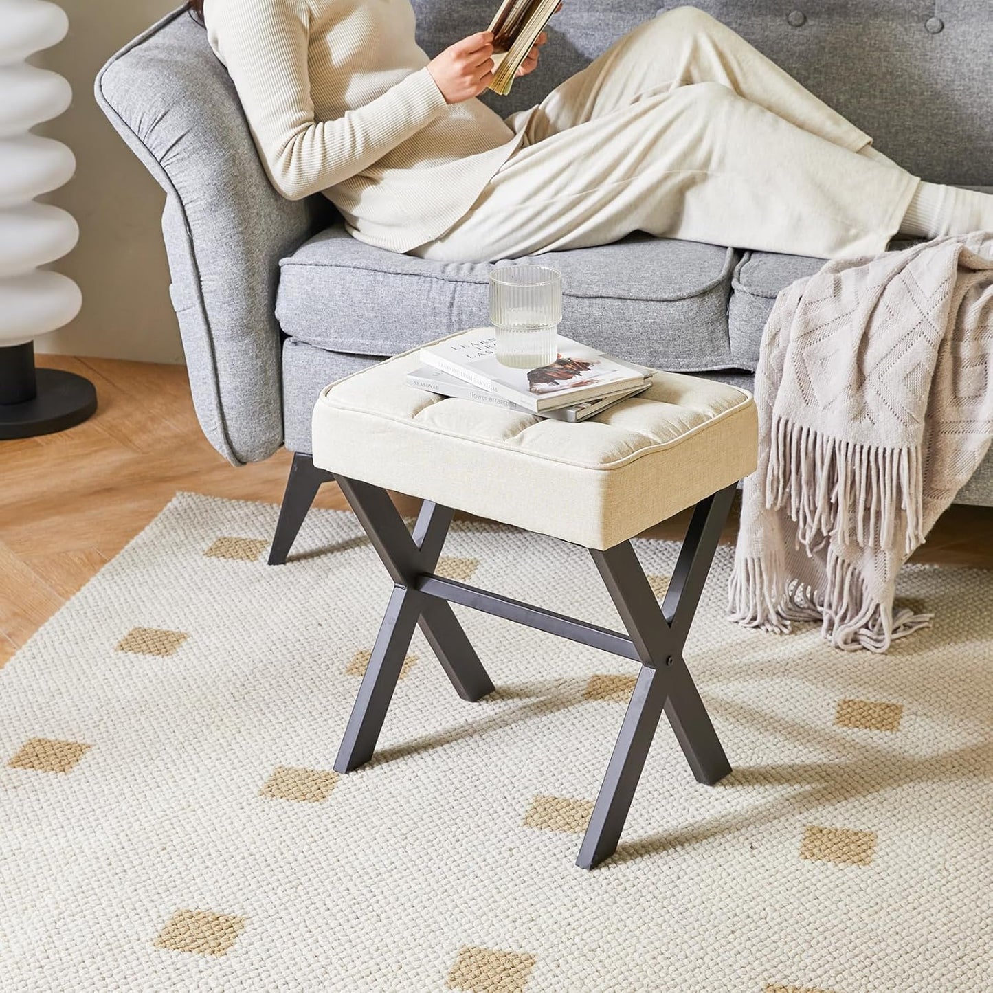 IBUYKE Square Makeup Stool with X-Leg Foot Rest, Linen Footrest, Ottoman Seat, Multi-Use as Small Side Table, for Bedroom, Living Room, Linen LG-70Y