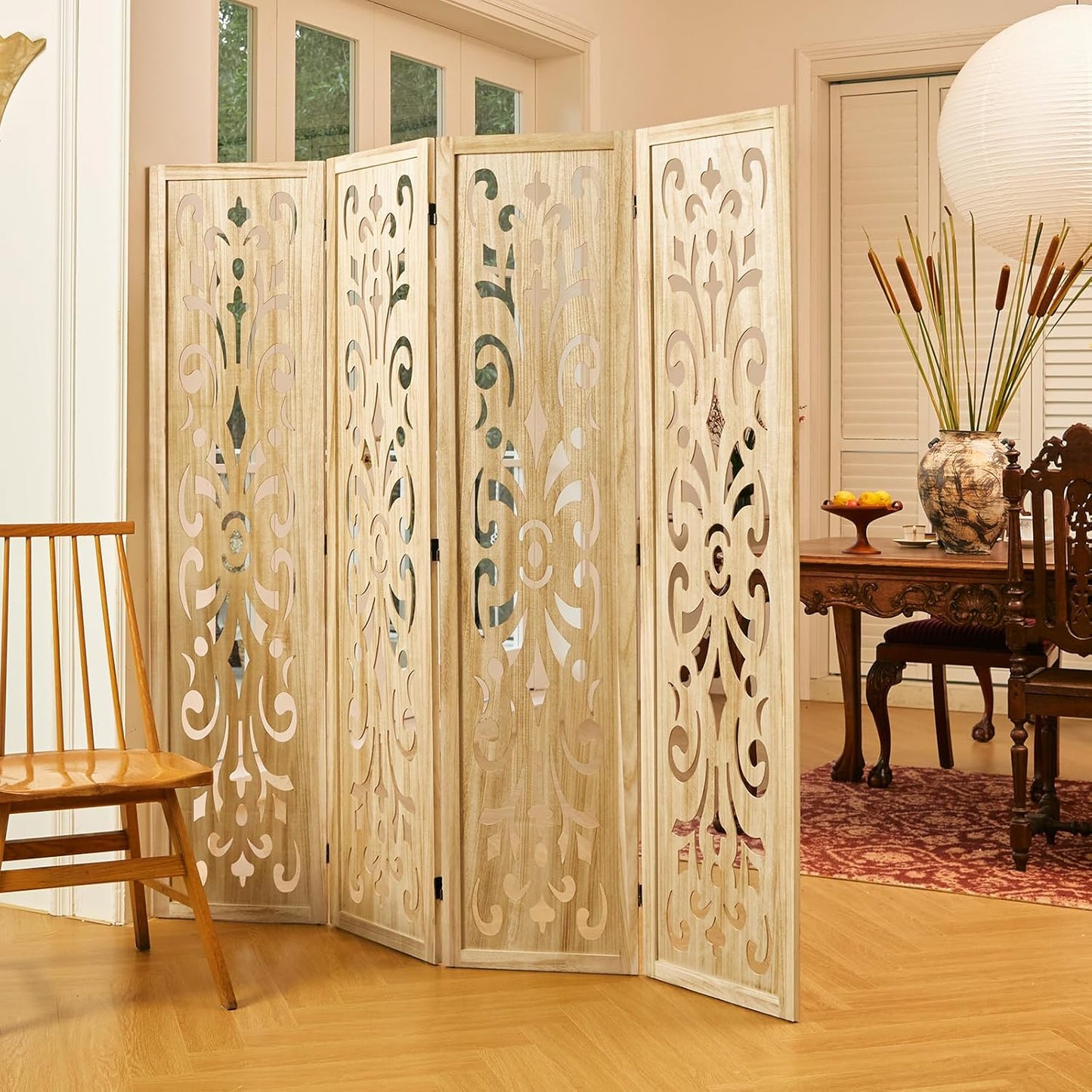 5.6Ft Room Divider Folding Wood Classical Carved Partition Screen for Home Office Garden - 4 Panels (Natural)