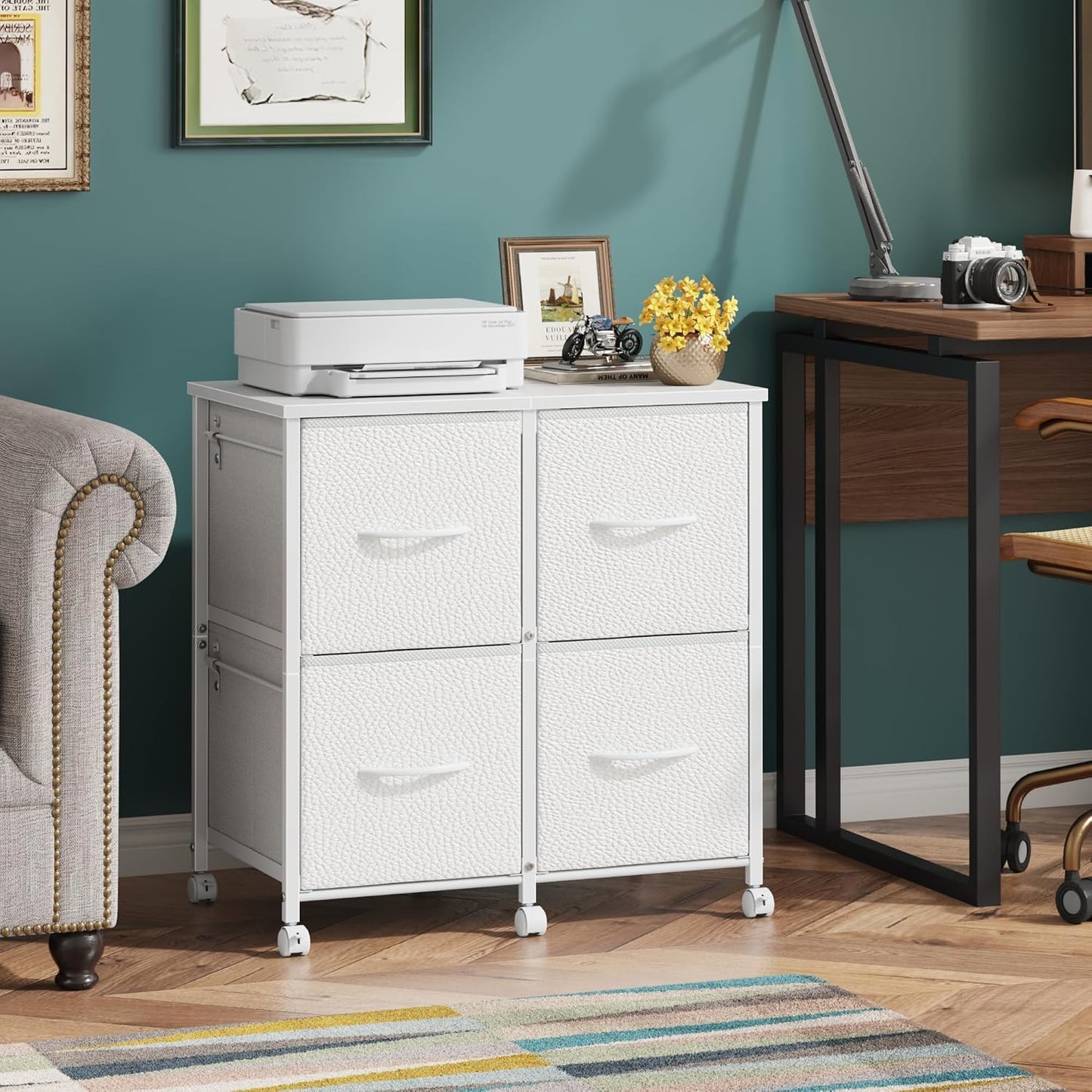 Lateral File Cabinet 4 Fabric Drawer, Mobile Filing Cabinet for Large Printer, Home Office Functional Small Office Storage Cabinet & Printer Stand, Fits A4/Letter Size, White