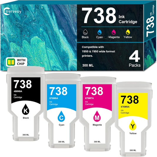 738 738XL Ink Cartridges 4-Pack with Chip Replacement for HP 738 498N8A 676M6A 676M7A 676M8A DesignJet Ink Cartridge - 300ML for DesignJet T850 T950 Wide Format Printer Plotters (4-Pack, BK/C/M/Y)