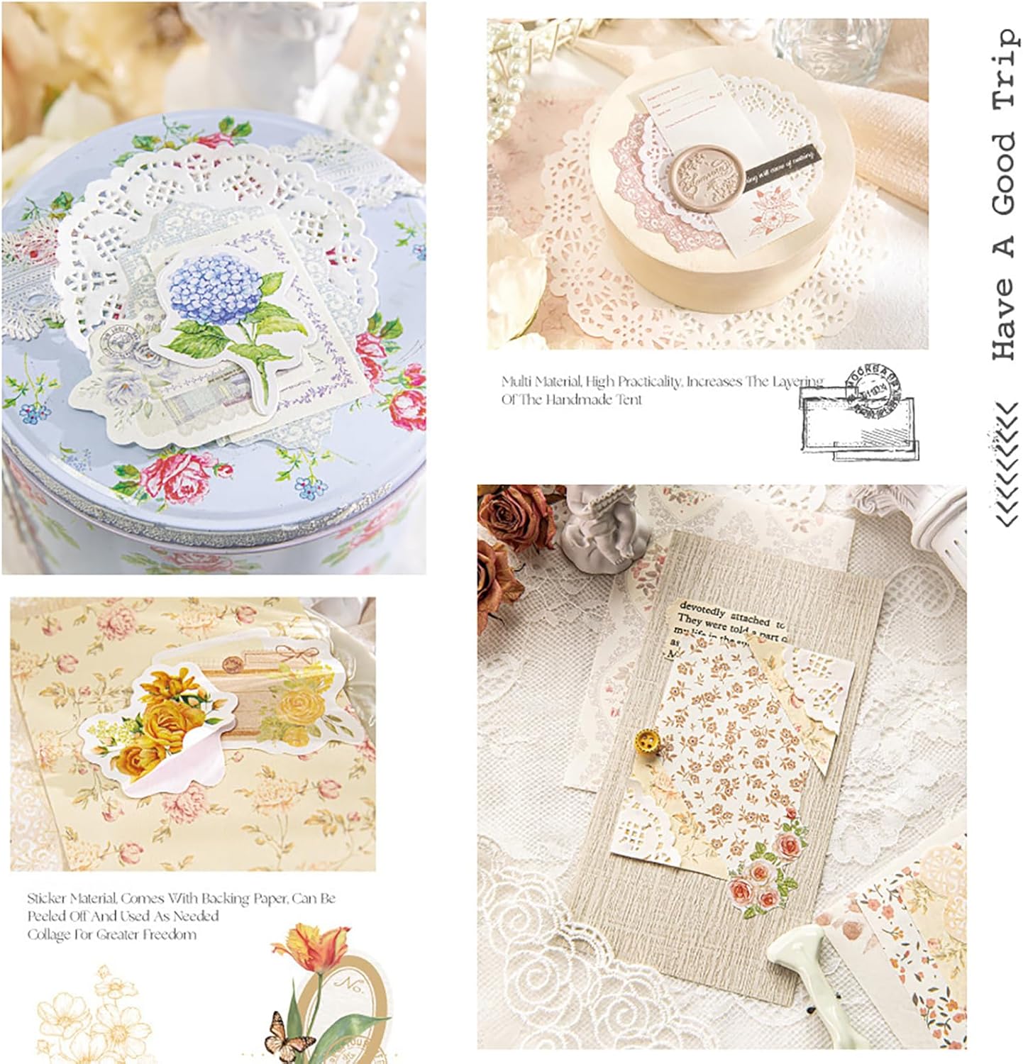 Doraking 100pcs Vintage Floral Scrapbook Paper Journaling Stickers Assorted Set, Material Paper Memo Junk Journal Supplies for Bullet Journaling Retro Crafts Planner Collage Card Album