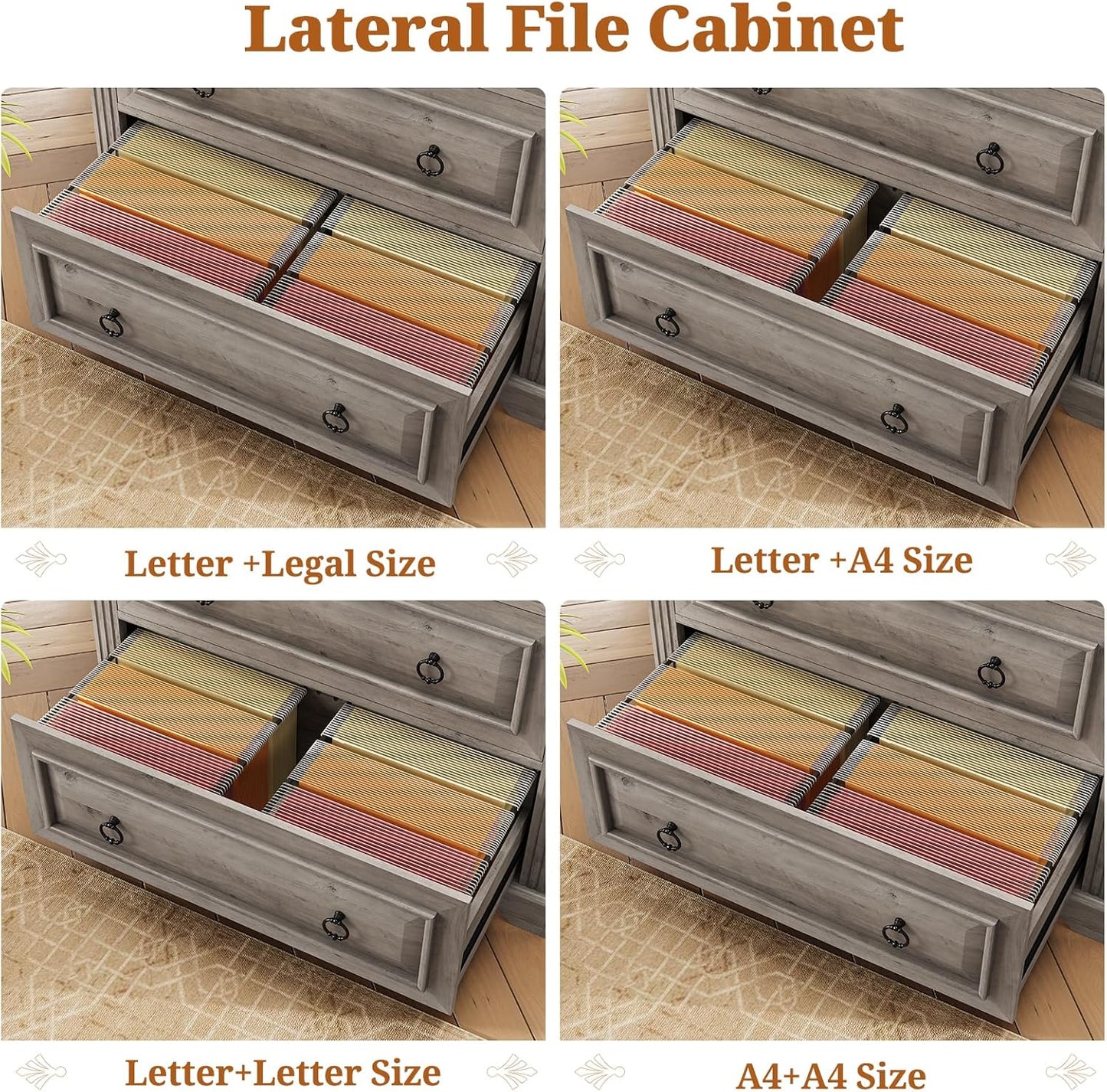 Itaar 2 Drawer File Cabinet, Farmhouse Filing Cabinet for Home Office Fits Letter, Legal, A4 Size, Wood Lateral File Cabinet with Printer Stand, Storage Shelf, Grey