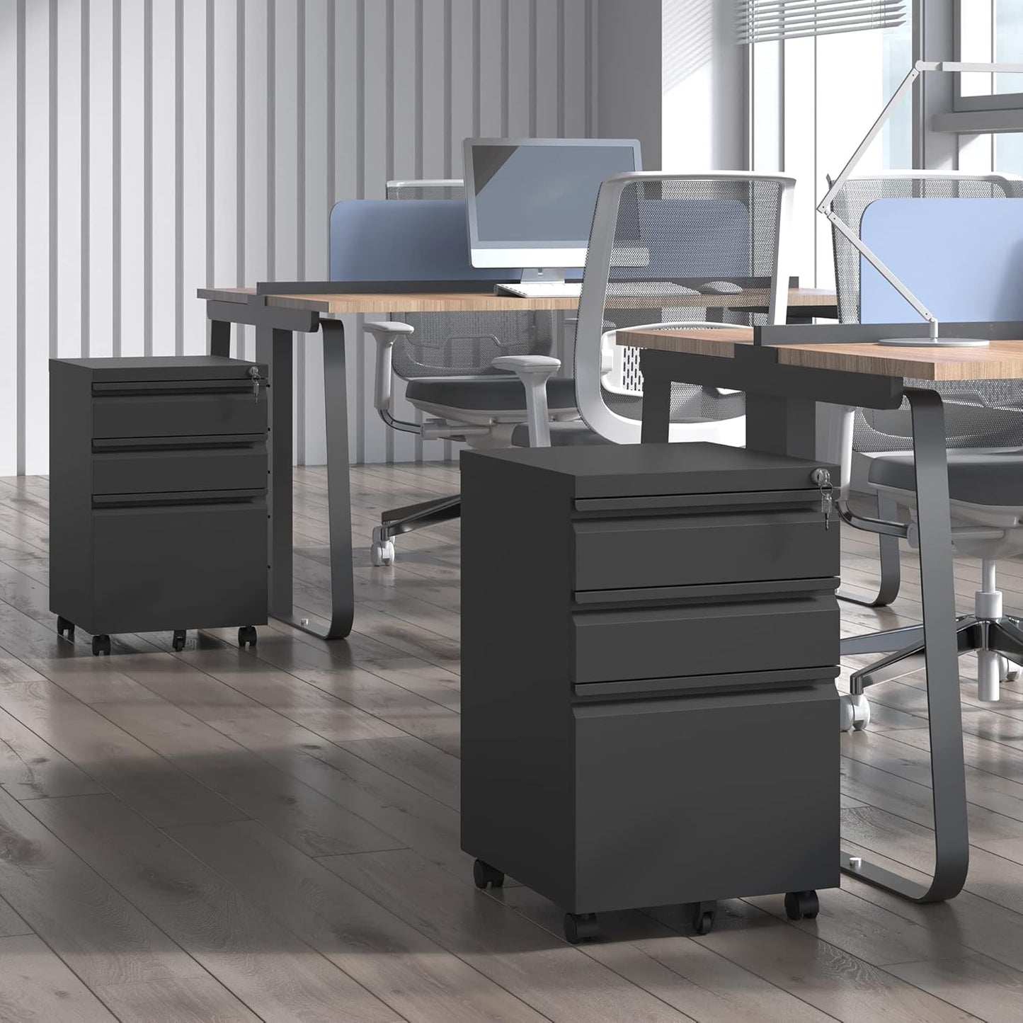 3 Drawer Mobile File Cabinet, Metal Under Desk Filing Cabinet with Lock and Wheels, Home Office Rolling File Cabinet for Legal/Letter Hanging File Folders, Fully Assembled (Black)