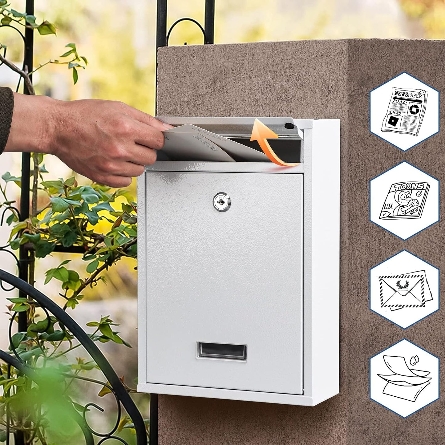 KYODOLED Key Lock MailBoxes for Outside, Locking Wall Mount Mailbox, Security Key Drop Box for Letters Newspapers, Cards, 12.4H x 8.54L x 3.35W Inches, White
