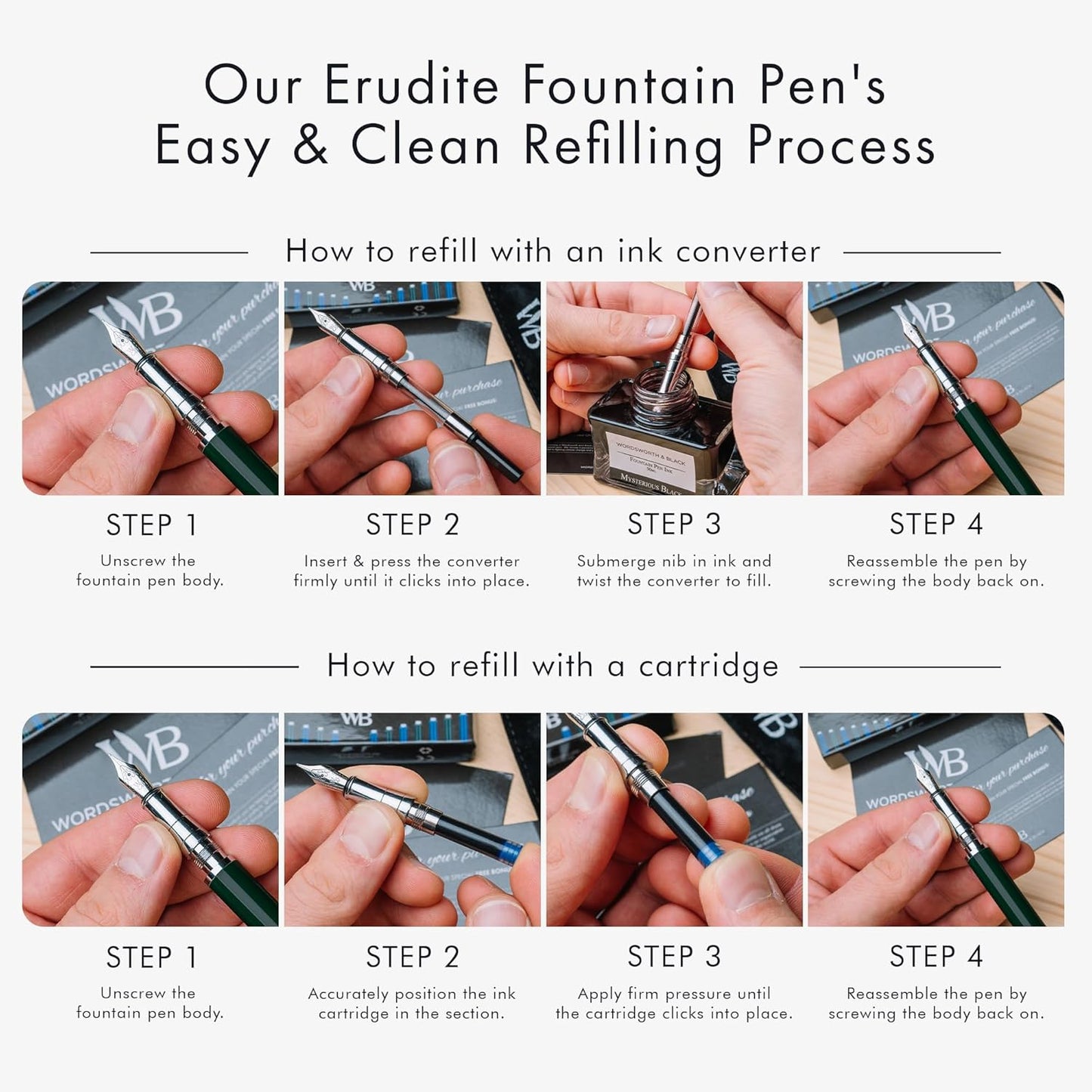 Wordsworth & Black Fountain Pen Set, Medium Nib, Includes 24 Pack Ink Cartridges, Ink Refill Converter & Gift Pouch, Chrome Finish, Calligraphy, [Racing Green], Perfect for Men & Women