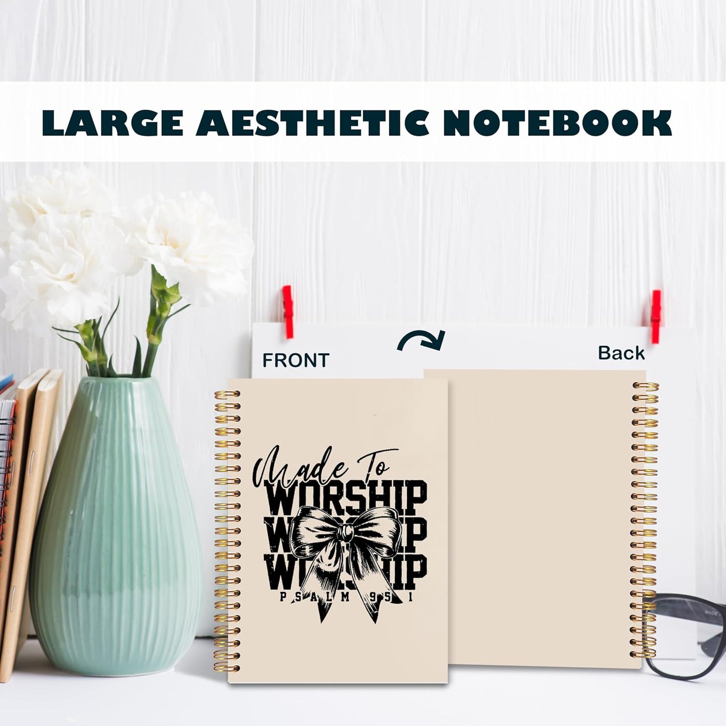 BearCake Christian Coquette Bow Notebook Journal, Made to Worship Prayer Journal for Women, Preppy Christian Gifts for Women, Bible Journaling Neutral Hardcover Spiral Notebook 5.5x8.3