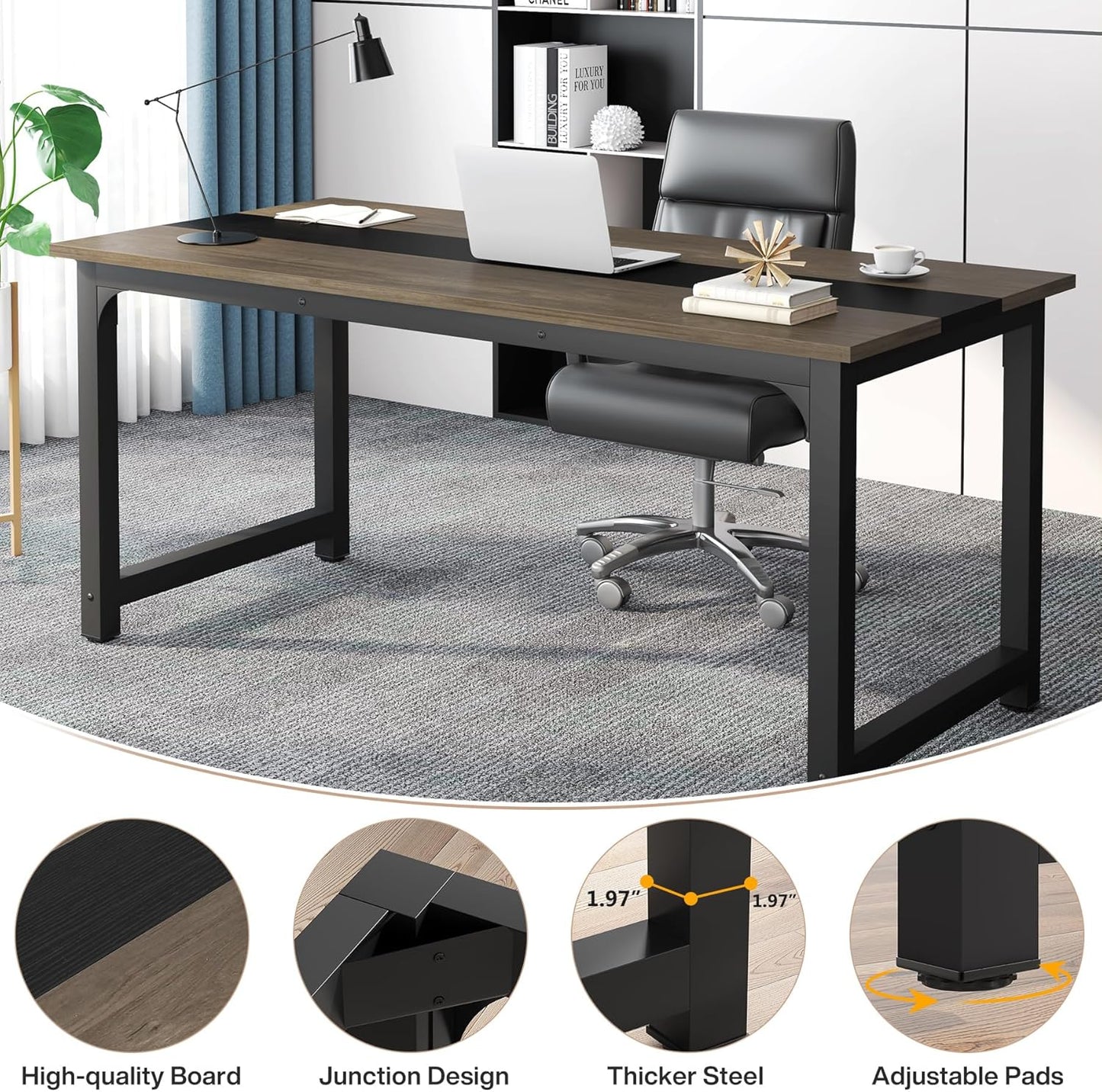 Tribesigns 70.8” Executive Desk, Large Office Computer Desk with Thicken Frame, Modern Simple Workstation Business Furniture for Home Office, Vintage Grey/Black