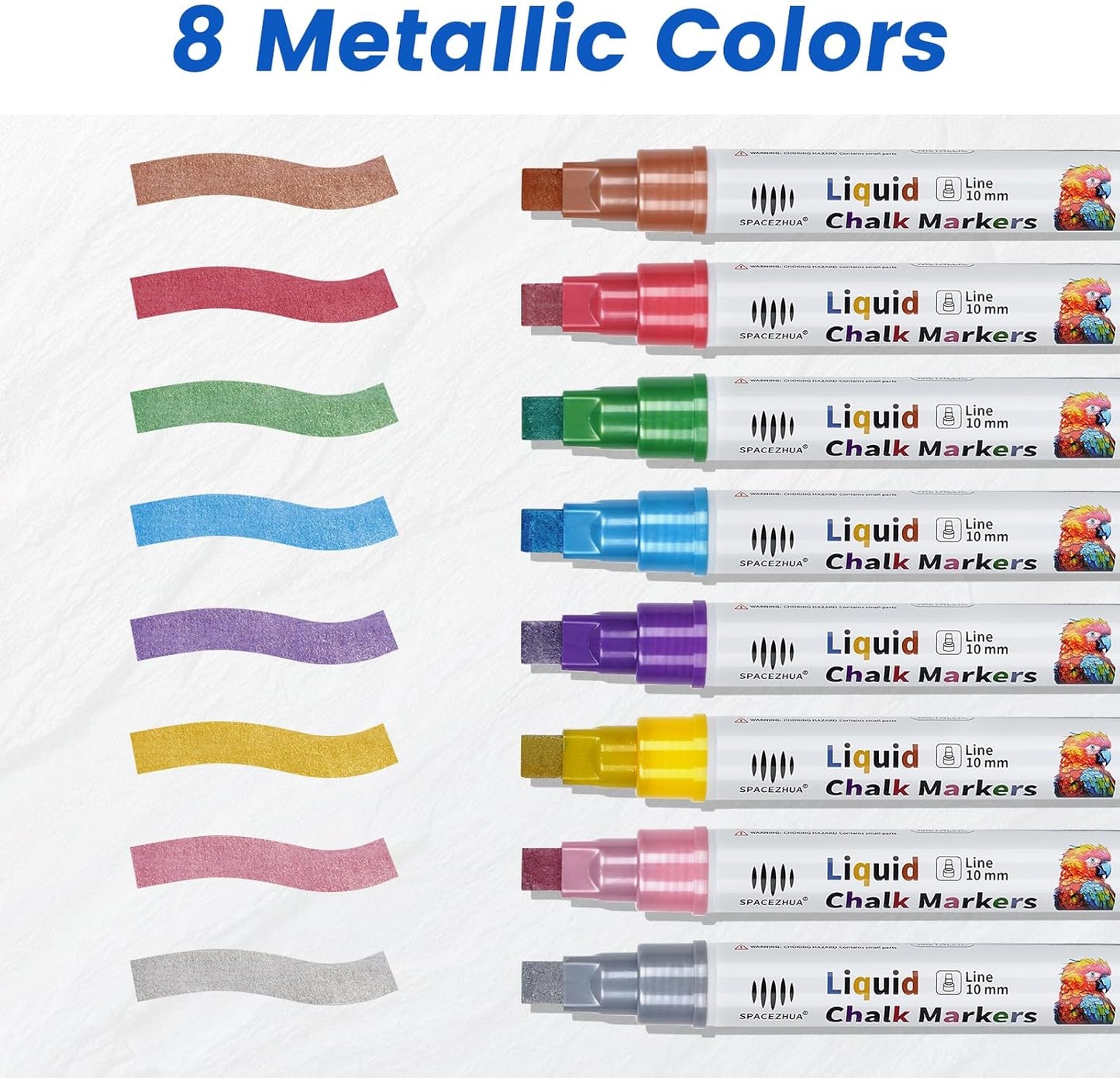 Jumbo Chalk Markers for Windows Washable, 8 Metallic Colors Liquid Chalk Pens Erasable with 10mm Thick Tips for Auto, Glass, Mirror, Poster, Bistro, Blackboard, Car of DIY