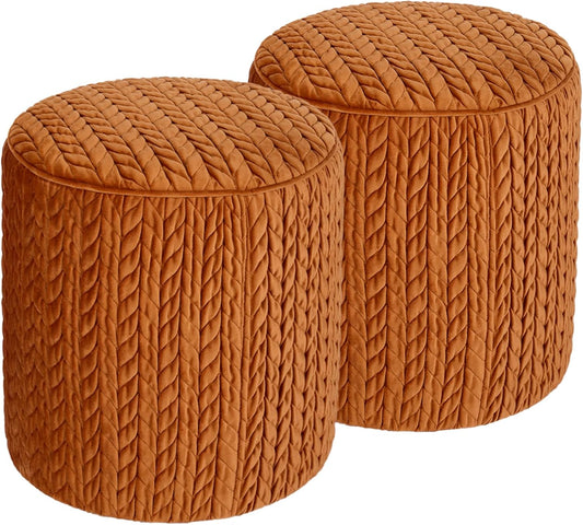 Modern Round Ottoman 2Pcs, Braided-Tufted Foot Stool Ottoman, Velvet Upholstered Vanity Stool for Makeup, Bedroom, Living Room, Dark Orange