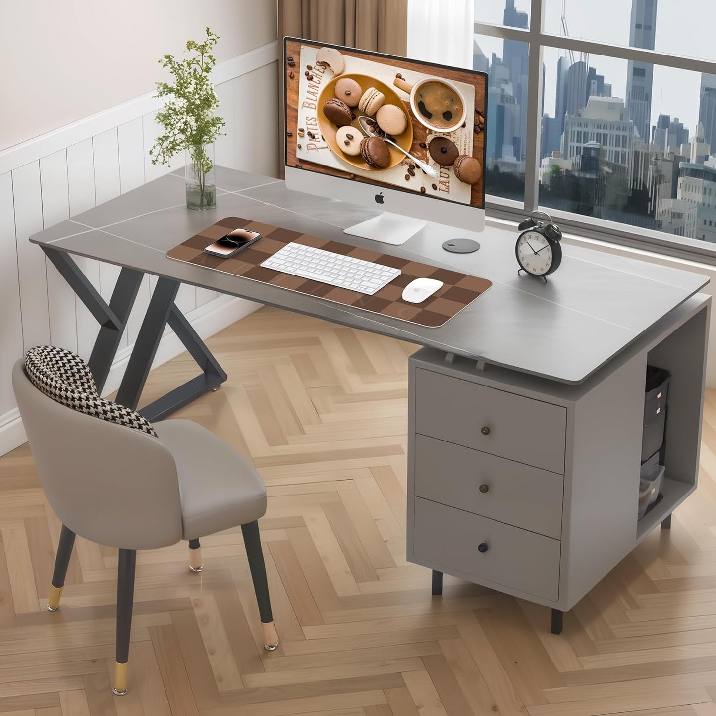 Non-Slip Checkered Desk Mat, Waterproof PU Leather Protector, Large Blotter, Easy Clean Laptop Writing Mat for Work/Home/Decor (Brown 31.5" x 12")