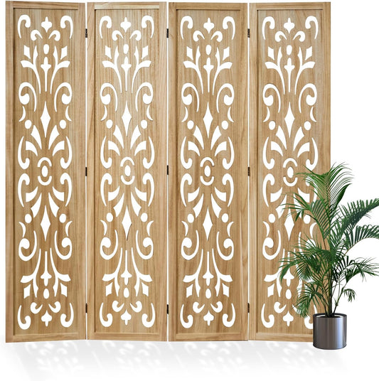 5.6Ft Room Divider Folding Wood Classical Carved Partition Screen for Home Office Garden - 4 Panels (Natural)