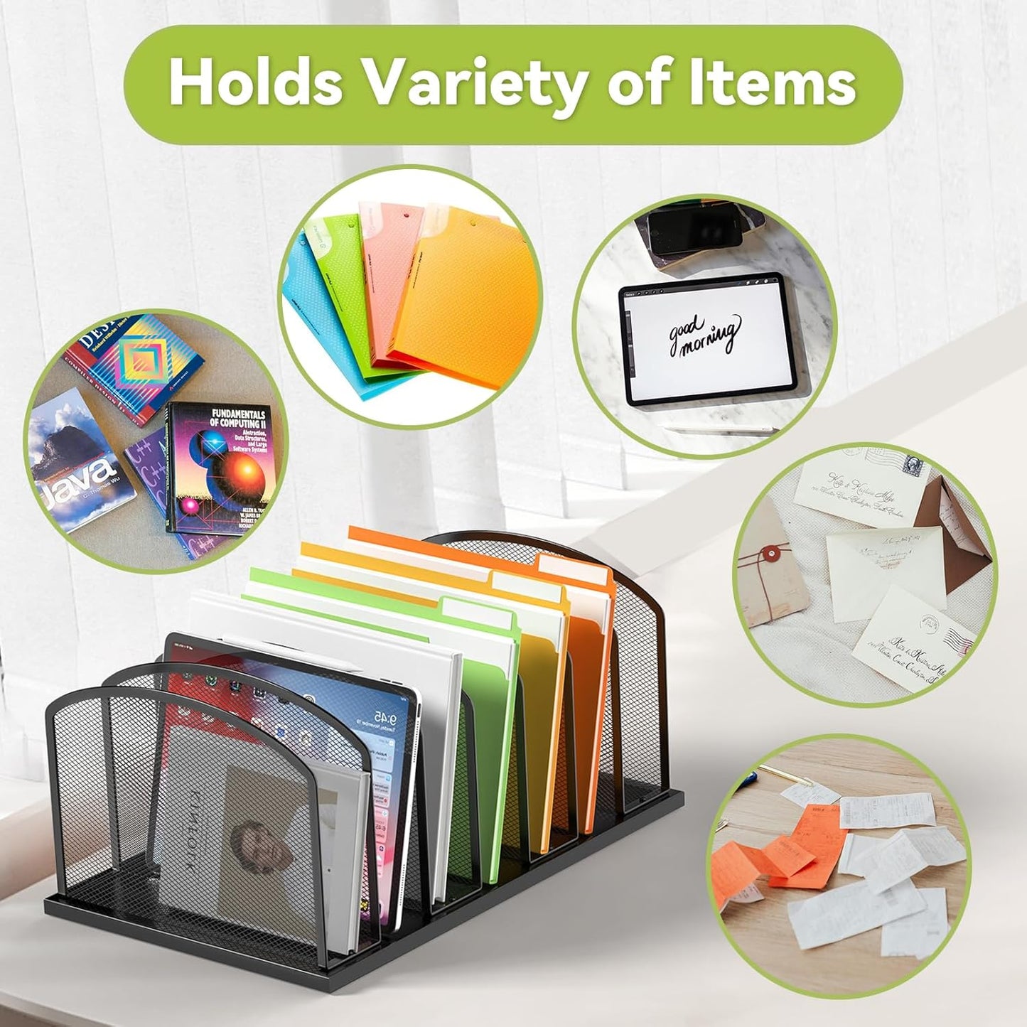 Desk File Organizer 7 Sections Upright Mesh File Sorter Organizer for Desk, Office Organization File Holder for Home, Office & Classroom (Black, 2Pack)