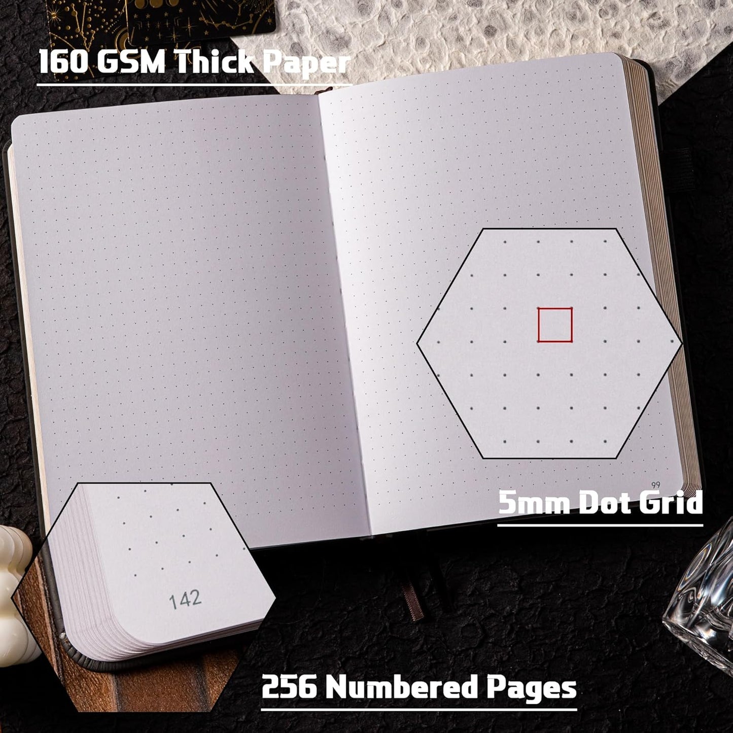 TIEFOSSI Bullet Dotted Journal Notebook, 160gsm 256 Numbered Thick Paper, A5 Hardcover Dotted Grid Diary for Women Men Work Writing, Bullet Dot Journaling, Drawing, 5.8 x 8.3 in