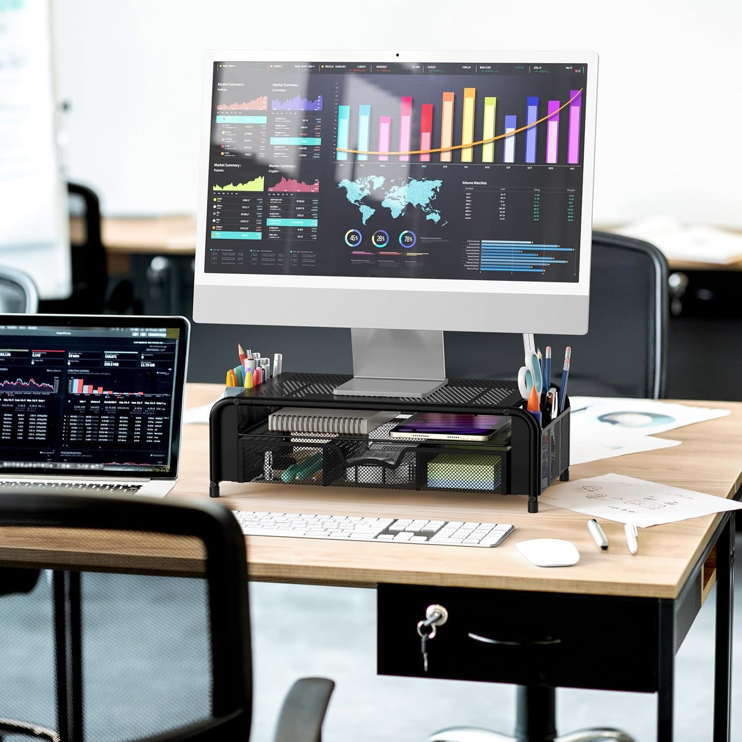 Simple Houseware Monitor Riser Stand with Pull-Out Drawer and Pen Holders, Black