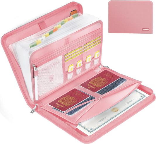 JUNDUN Accordion File Organizer - Fireproof Accordion Folder with Zipper & Labels - 12 Pocket Expanding File Folder with Multi-Pockets Paper Organizer Folder for Letter A4 Files and More (Pink)