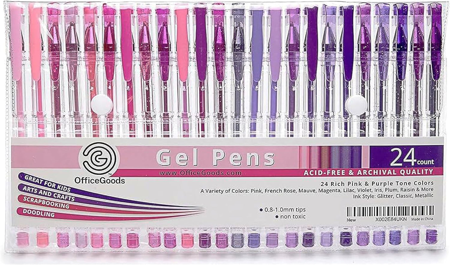 OfficeGoods Pink Purple Gel Pens with Refills – Pastel Adult Coloring Art – Medium 0.8-1.0mm Tips – Non-Toxic Gel Pens Set – Quick Dry Smudge-Free 24 Pack Colors