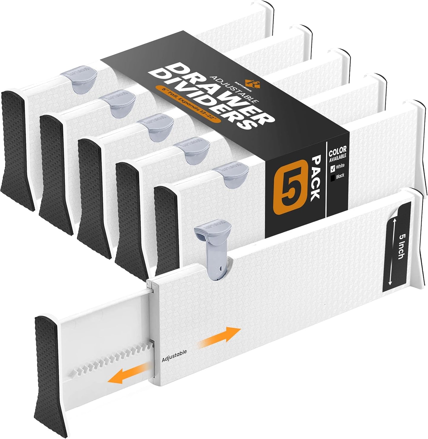 RAPTUROUS Adjustable Deep Drawer Divider – 5" Tall, Expandable 13-22", 5-Pack, Non-Slip Drawer Dividers for Clothes, Dresser, Kitchen & Office Organization (White)