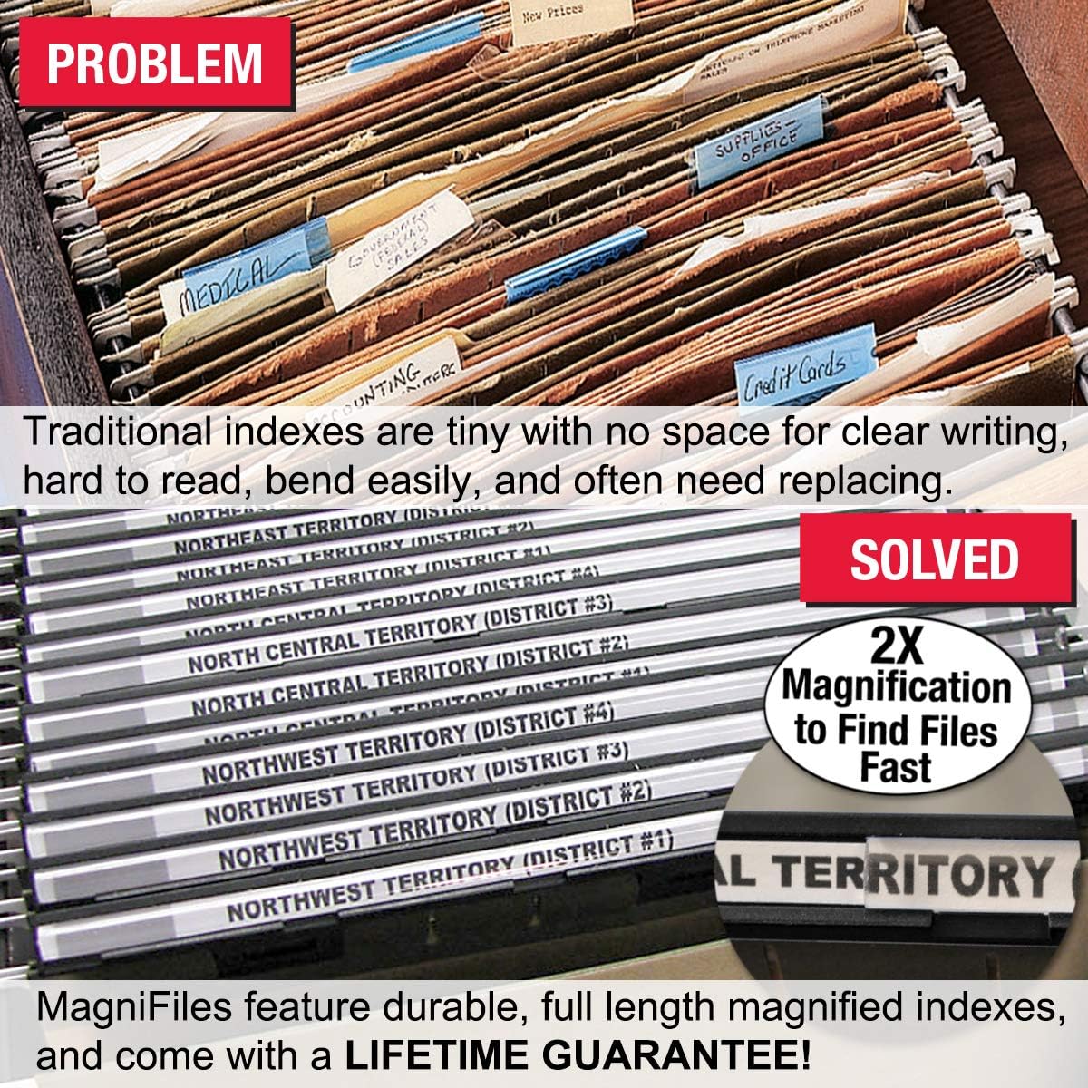 New Ultimate Office MagniFile Insertable Hanging File Folder Tabs. Indexes That Double The Size of Your File Titles to Find Files Fast! (Set of 10), Black