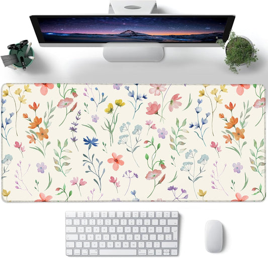 Desk Mat, Colorful Watercolor Floral Large Gaming Mouse Pad with Non-Slip Base Stitched Edges,Desk pad for Keyboard and Mouse Home Office 35.4"x15.7"