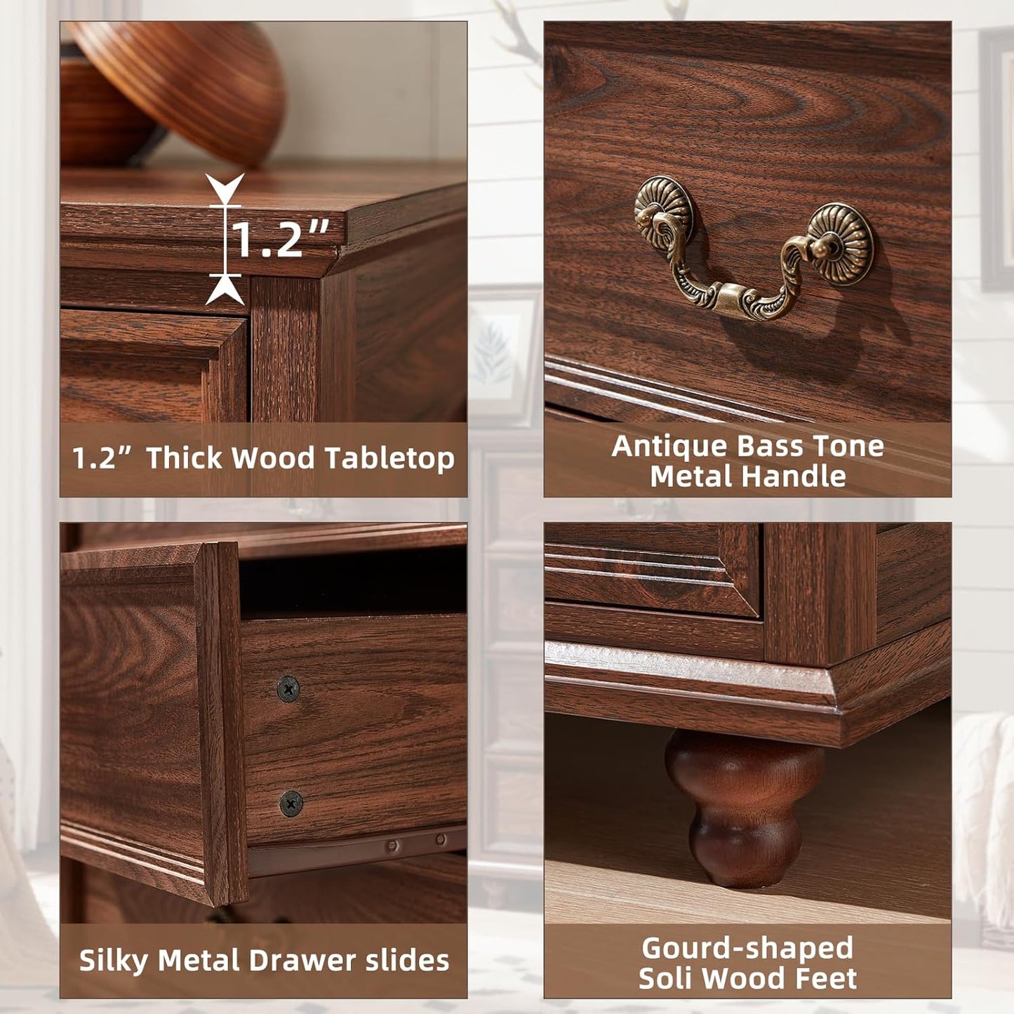 Farmhouse 4 Drawer Dresser Set of 2 for Bedroom, 37" Tall Rustic Chests of Drawers w/ 4 Solid Wood Feet, Mid Century Vintage Wooden Closet Storage Dressers Organizer for Living Room, Brown